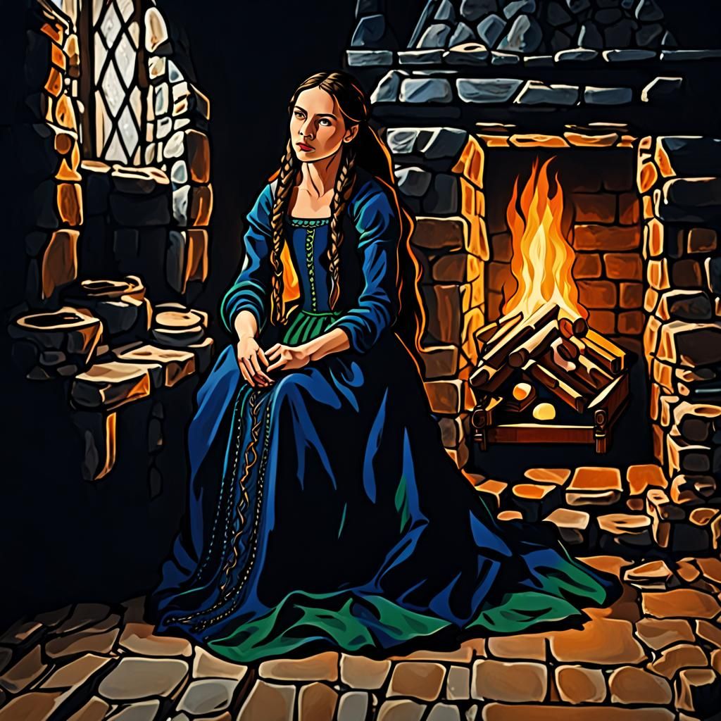 Medieval Woman Contemplating Fire, Professional Portrait