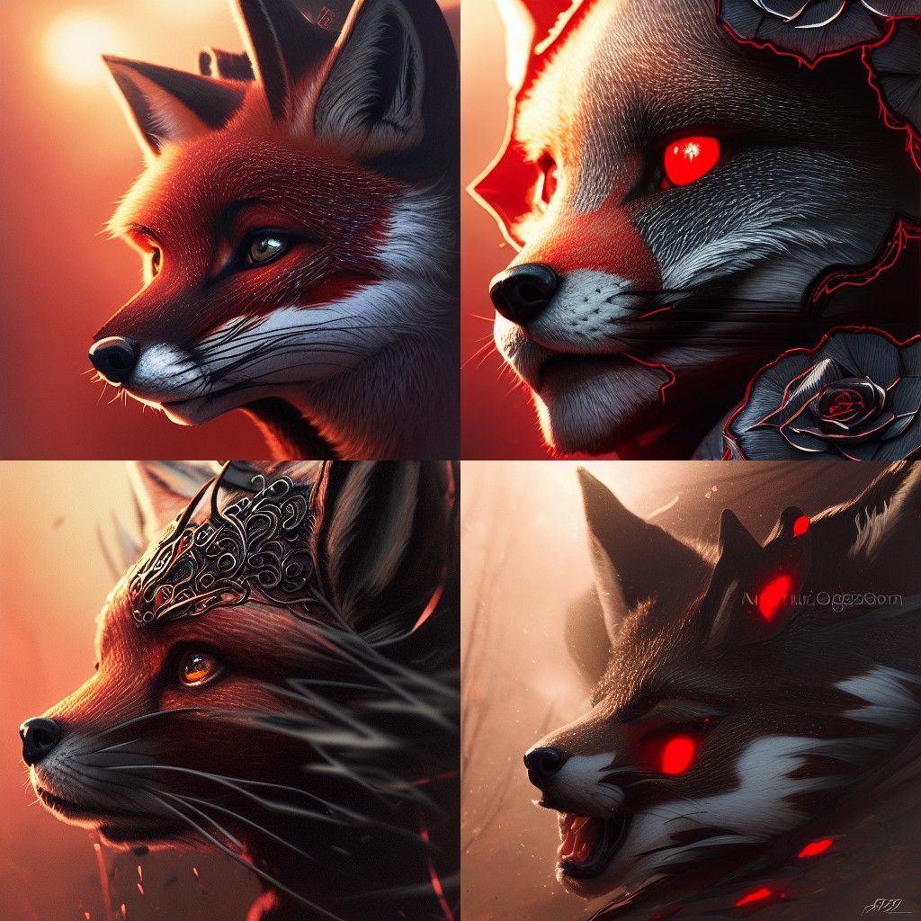 Fox Face with Black Roses in Digital Art Style