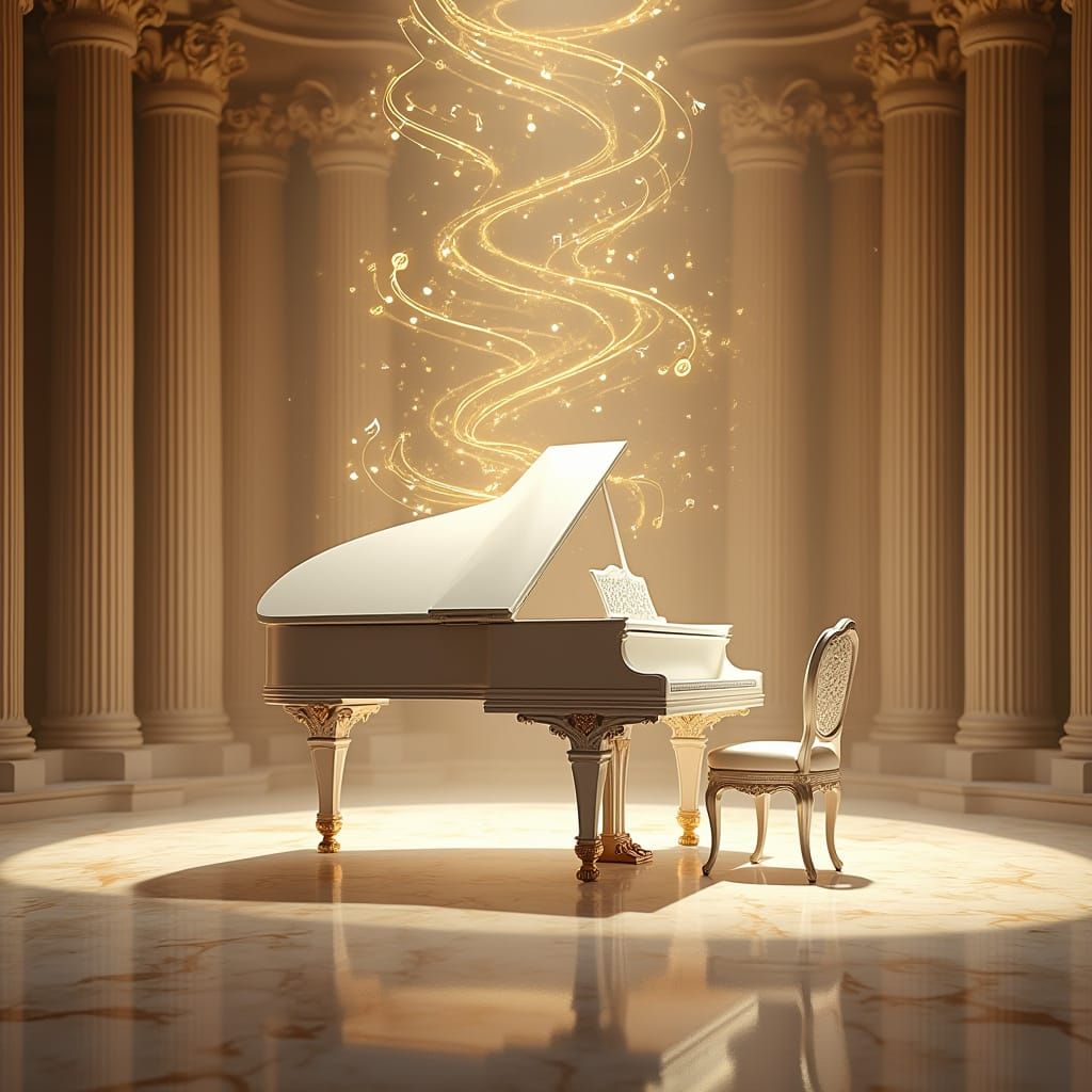 Ethereal Concert Hall Scene with White Piano and Music Notes