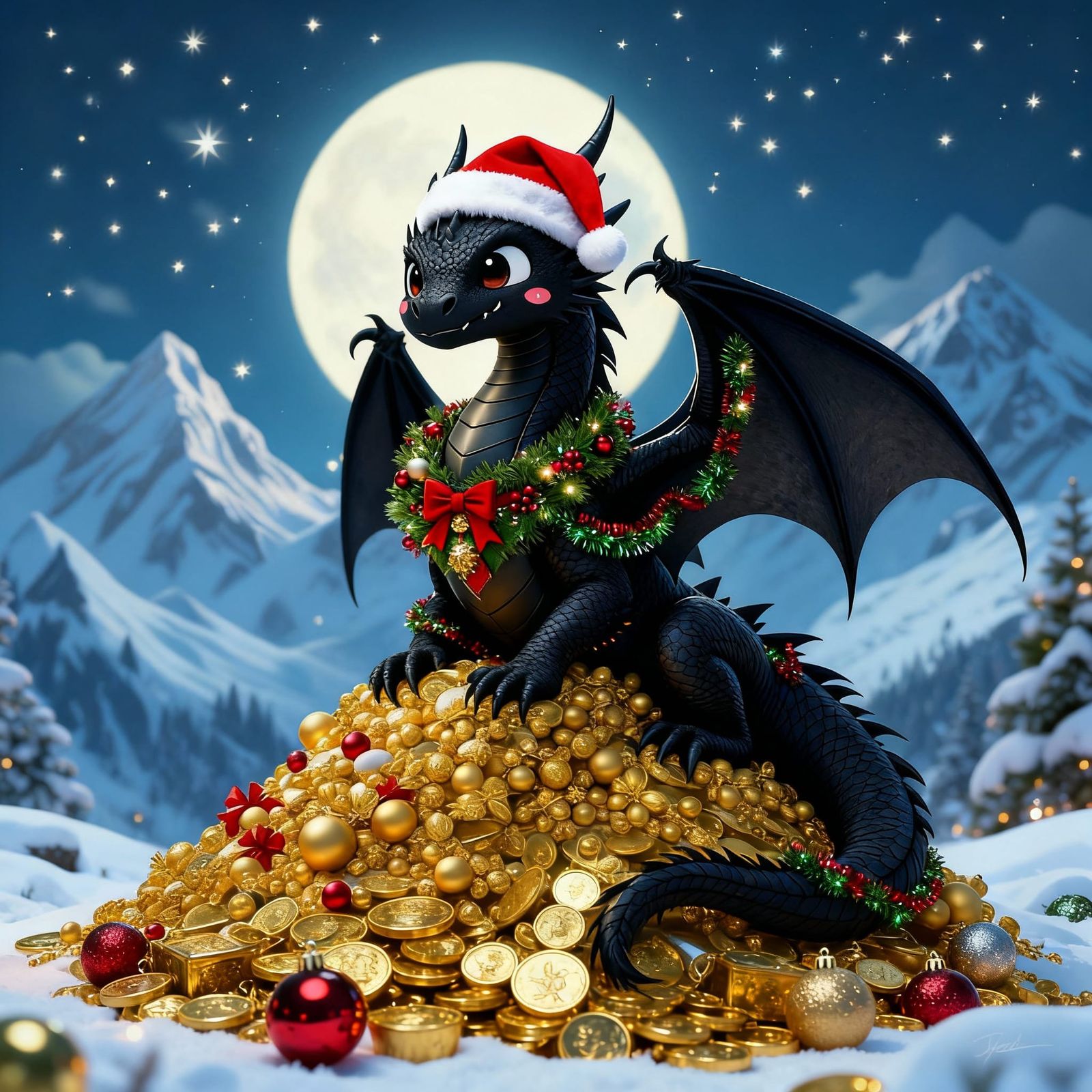 Sweet Black Dragon in Christmas Outfit with Golden Treasure