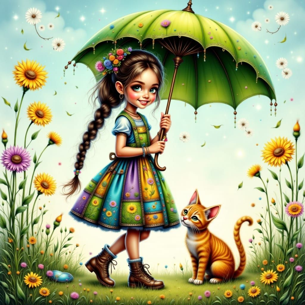 Girl with Dandelion Umbrella in Whimsical Style