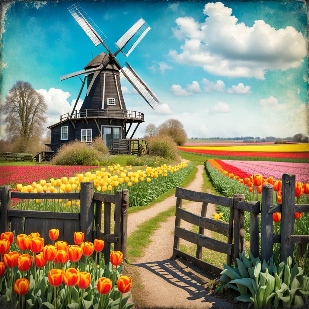 Holland Tulip Fields from Farmhouse Porch View