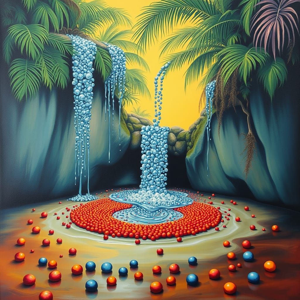 Beaded Tropical Waterfall in Surrealist Dreamscape