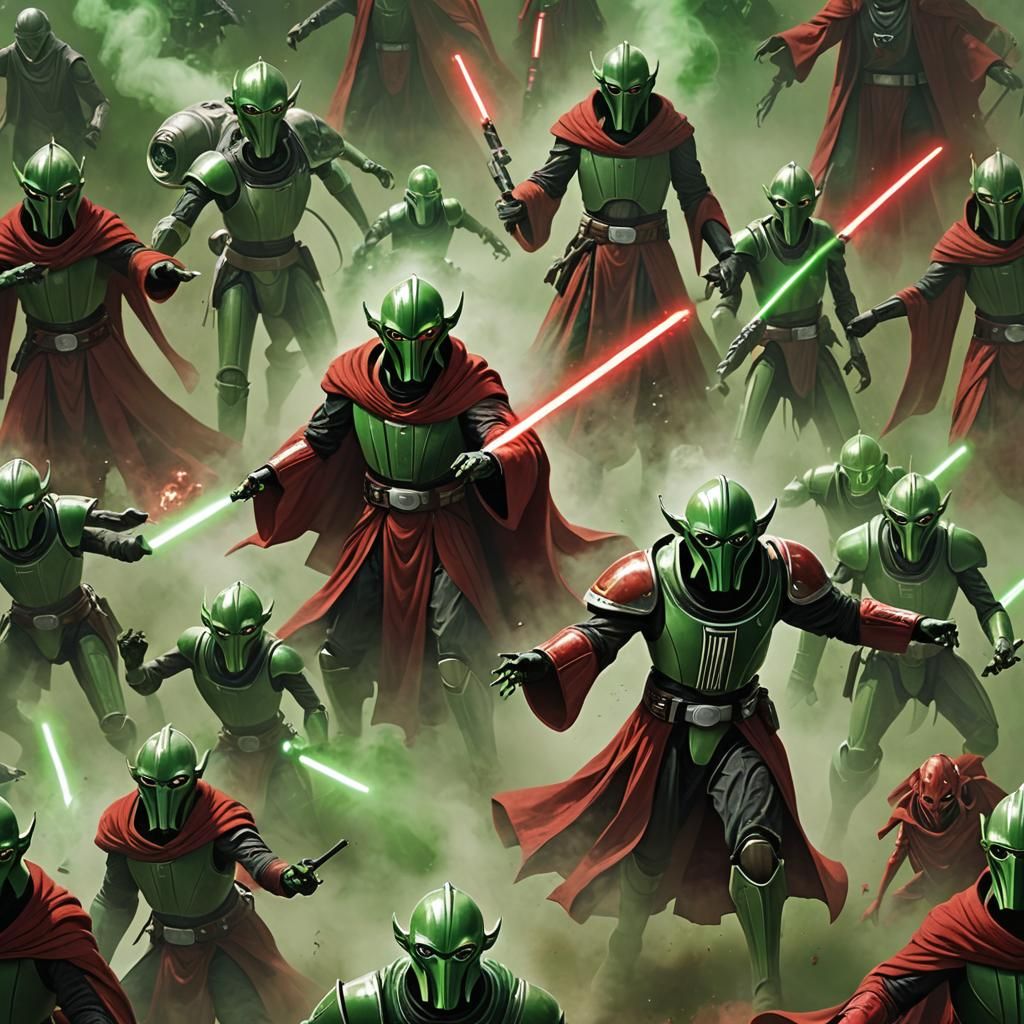 Green Alien Wizard Battles Droids with Magic