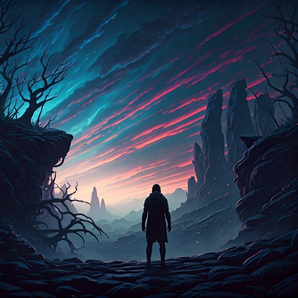 Distressed Figure on a Fiery Precipice