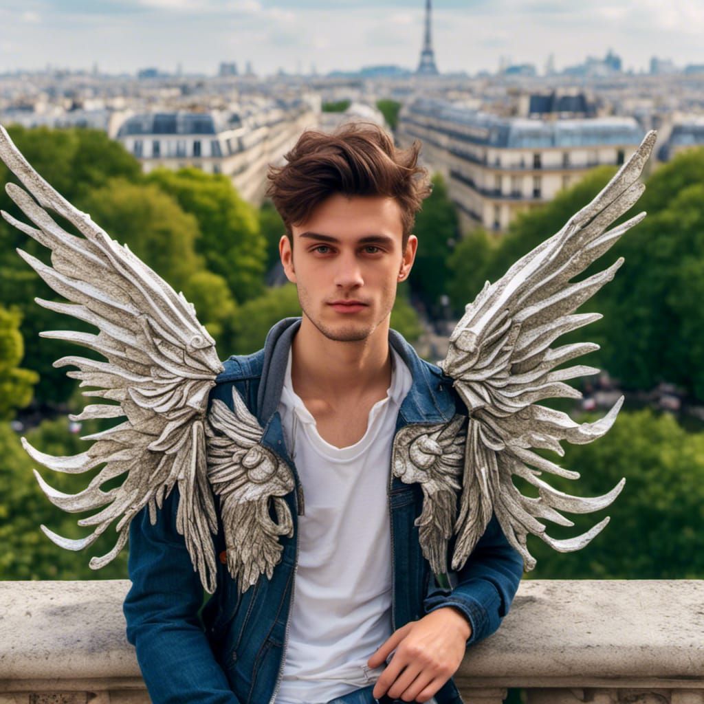 Hyperreal Young Man with Demon Wings in Paris