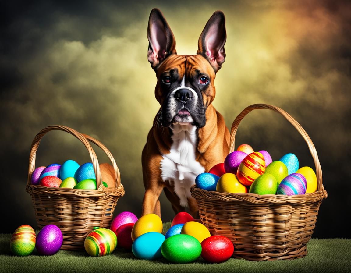 Easter Bunny Boxer Dog with Colorful Eggs