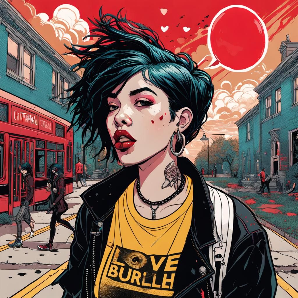 Punk Girl with Bubblegum in Fiery Splash Art Style