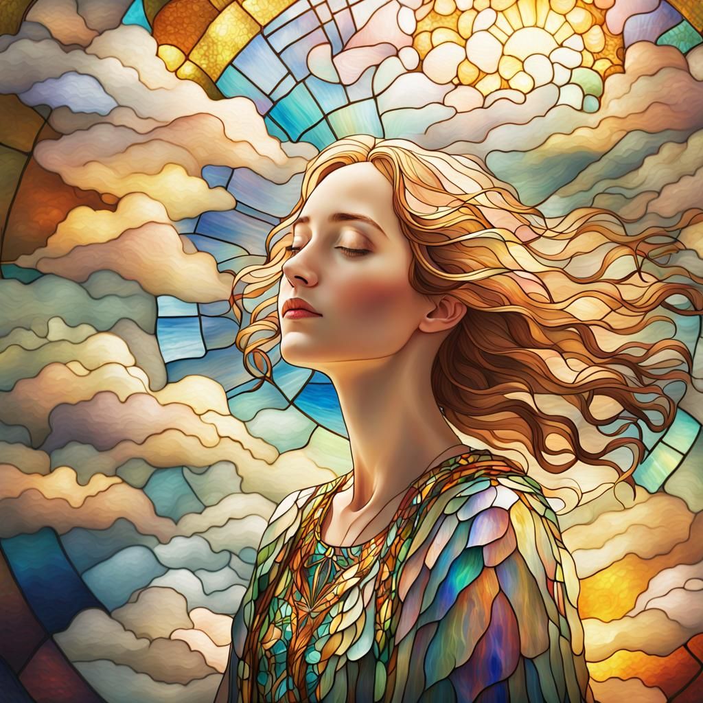 Ethereal Stained Glass Art of Woman in Sunlight
