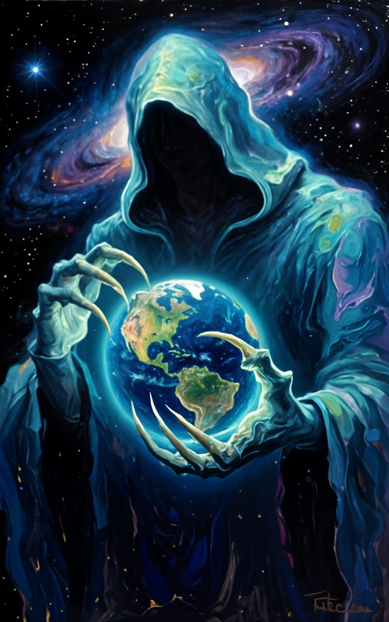 Cosmic Entity Holding Planet in Neo-Impressionist Style