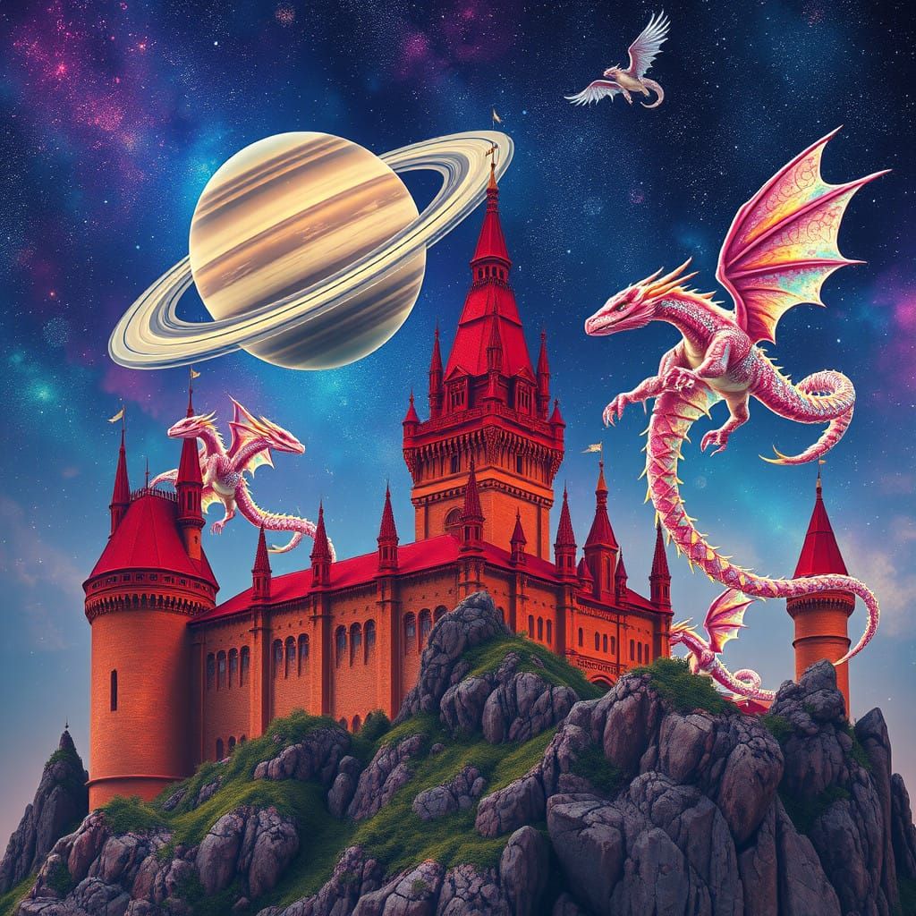 Ethereal Castle Under Starry Saturnian Skies
