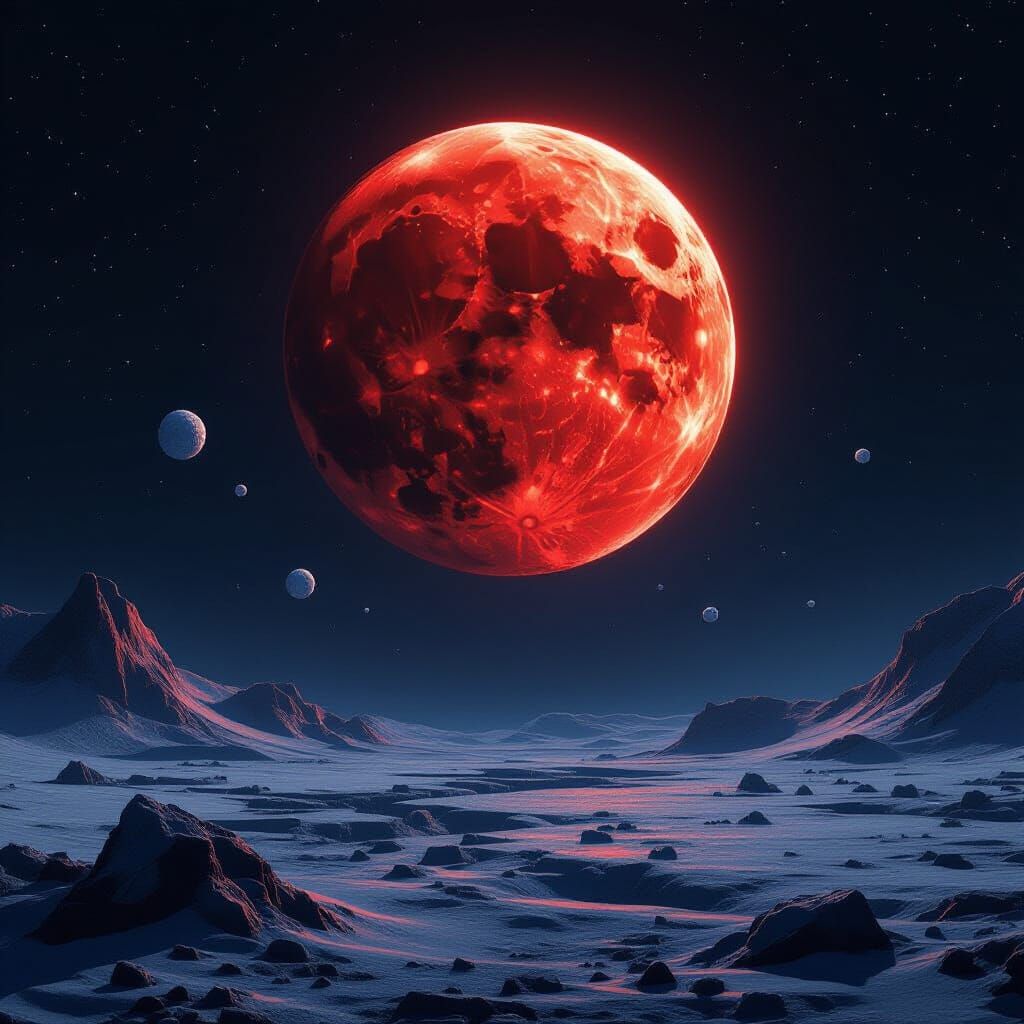 Blood Red Moon Orbiting Pluto with Icy Debris