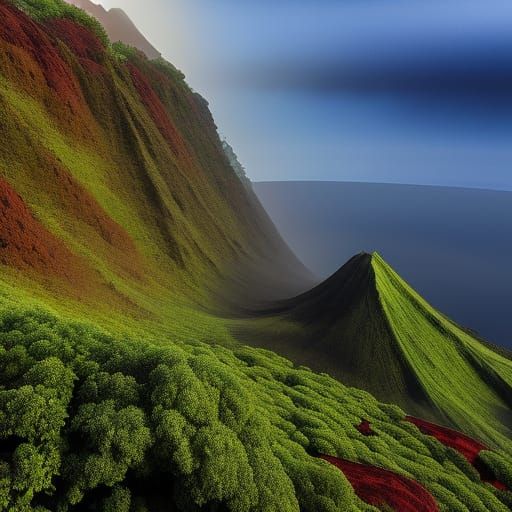 Detailed Hawaiian Volcano in Studio Ghibli Style