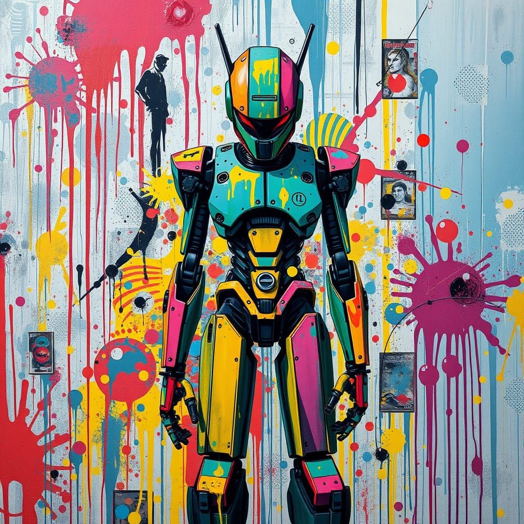Vibrant Street Art Robot in Dynamic Polychromatic Scene