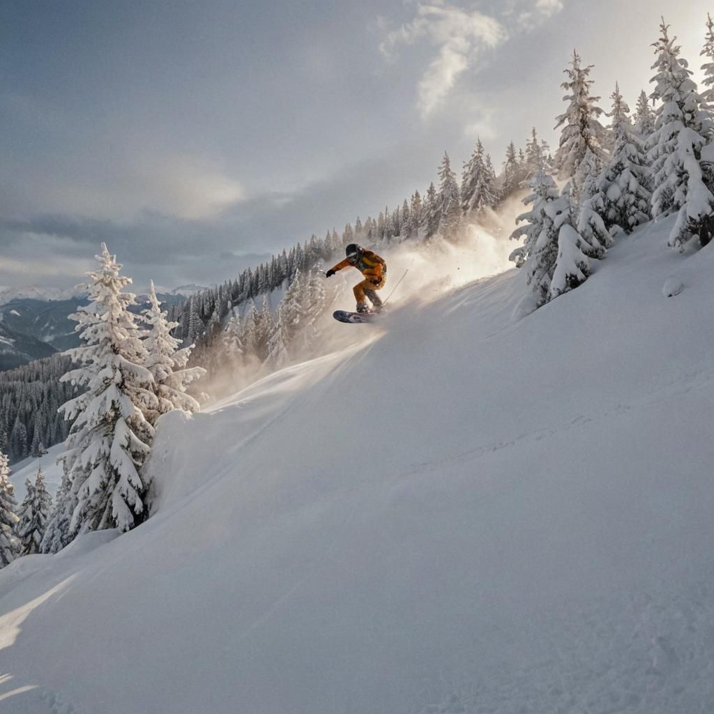 Snowboarder Rides Mountain in Winter Landscape Photography