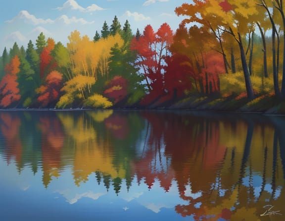 Autumn Lake Reflection in Impressionistic Style