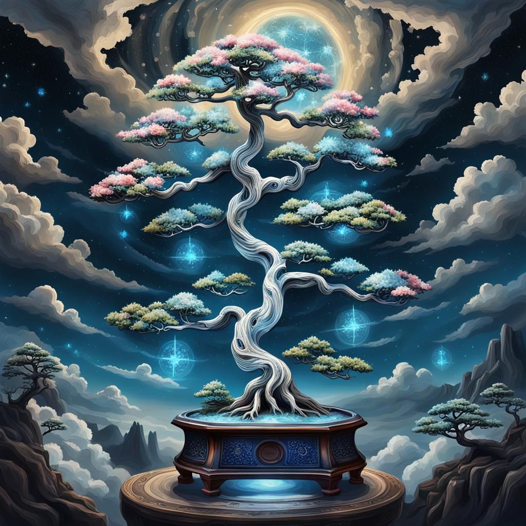 Bonsai Tree with Cloud Leaves in Digital Art