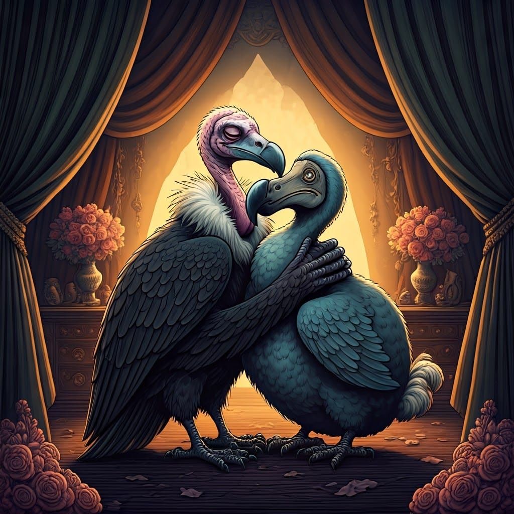 Whimsical Victorian-Era Illustration of a Besotted Vulture a...