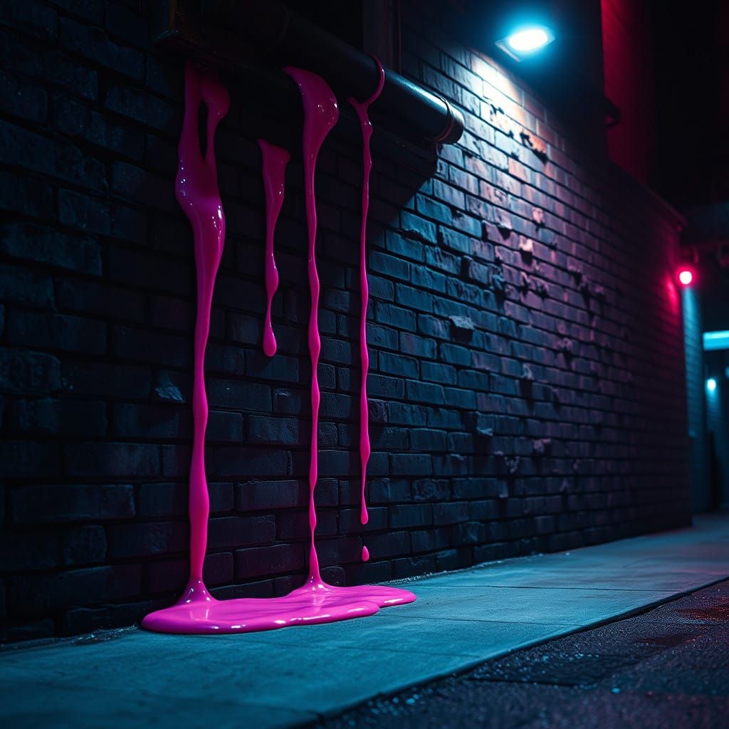 Gritty Urban Night Scene with Neon Pink Goo