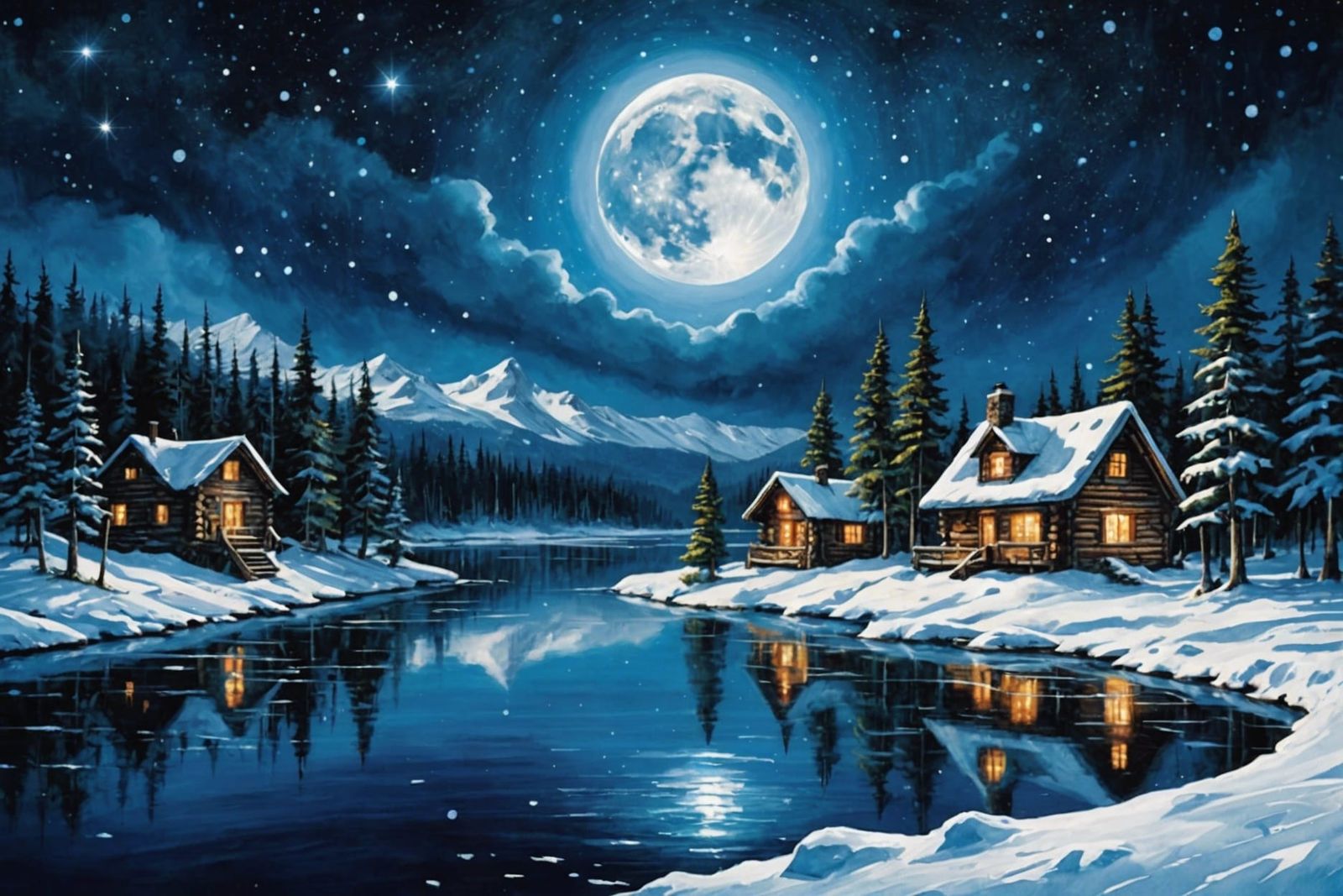 Blue Moon Blizzard Over Frozen Lake Cabin