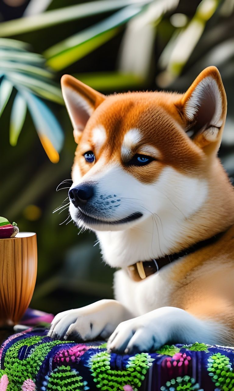 Crowned Shiba Inu Sipping Kava: Island Paradise