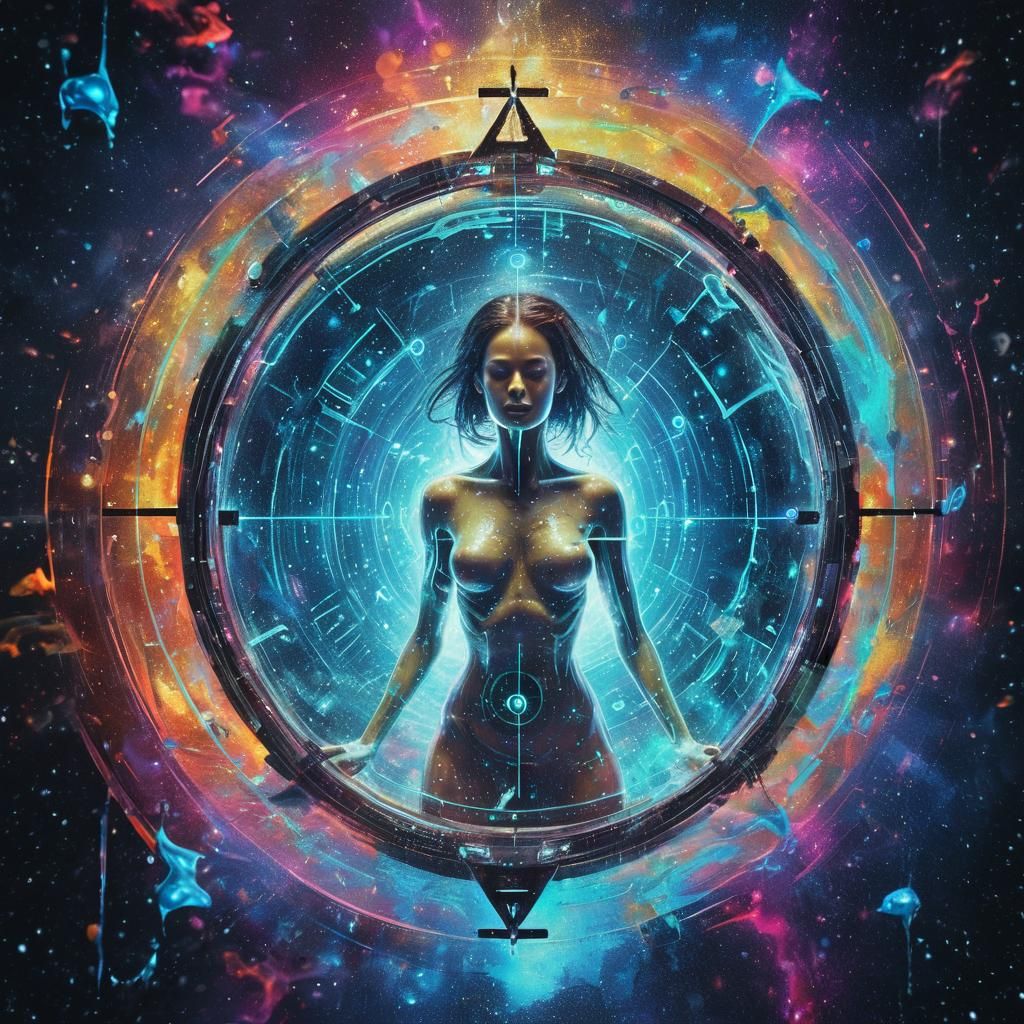 Cosmic Portal: Ethereal Woman in Futuristic Graffiti Art