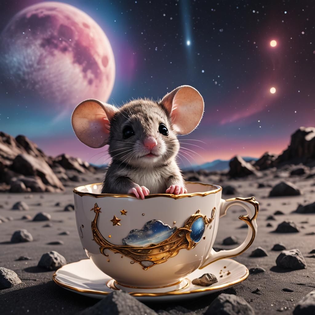 Chibi Mouse in Teacup on Moon: Hyperrealistic Photography
