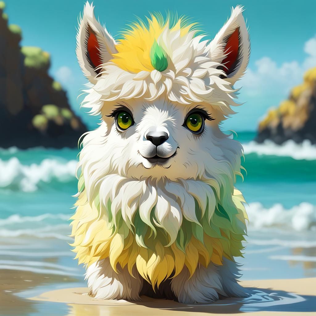 Chibi Llama on a Pastel Beach