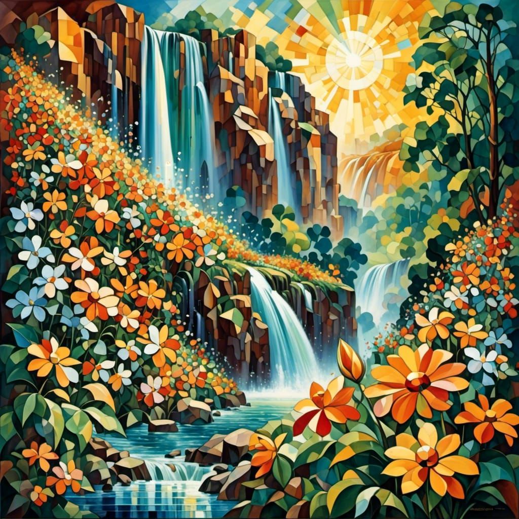 Abstract Cubist Flower Field with Waterfall