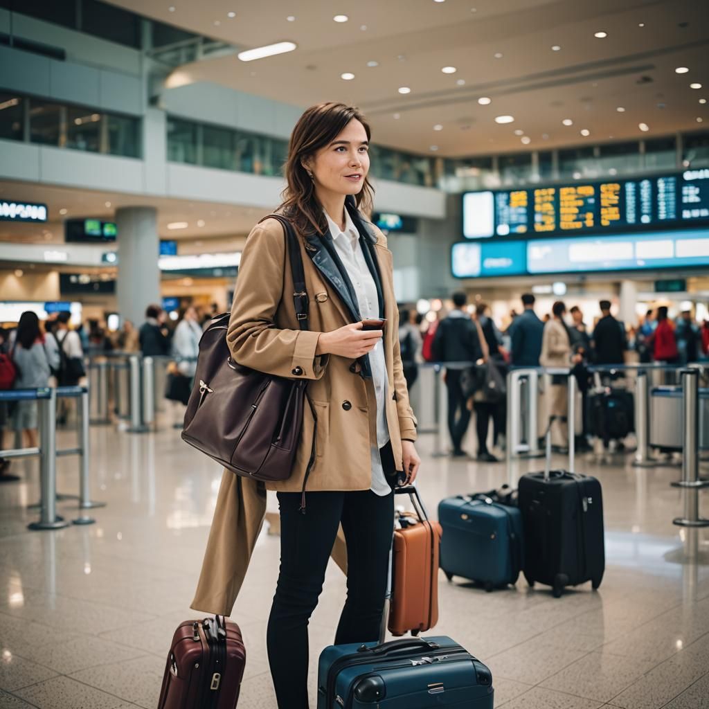 Woman with Suitcases at Airport, Professional Photography