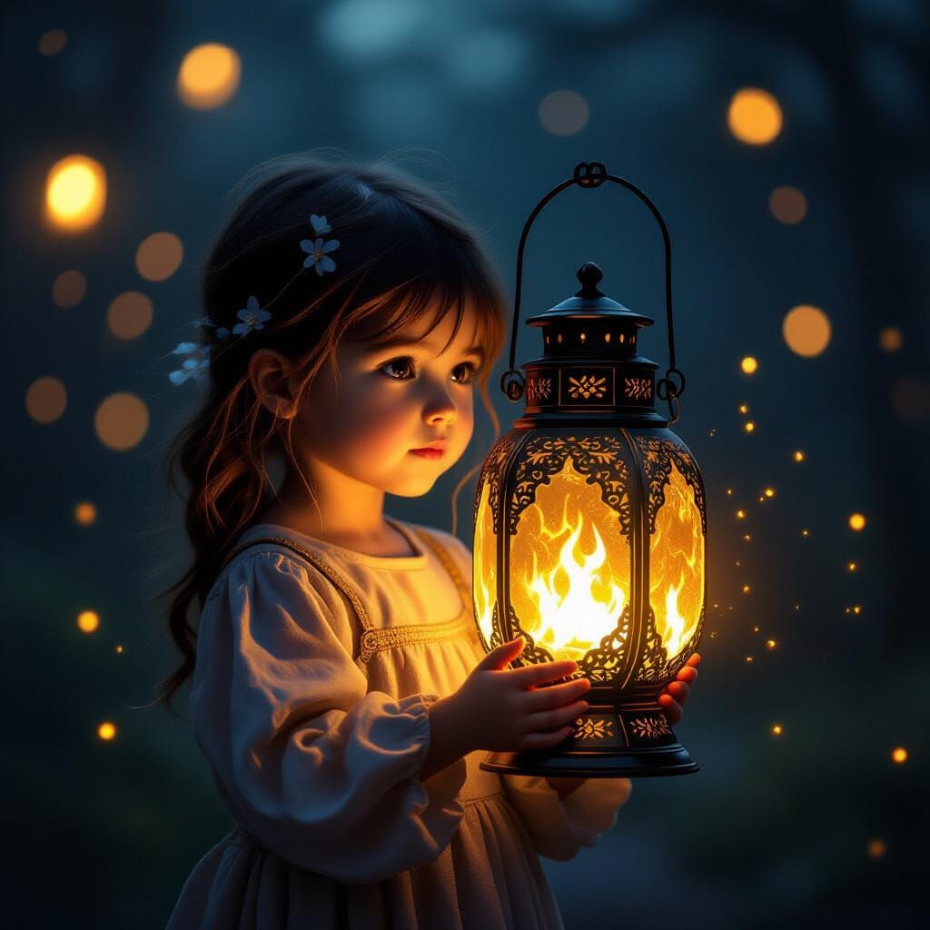 Girl with Glowing Lantern in Dark Ambiance
