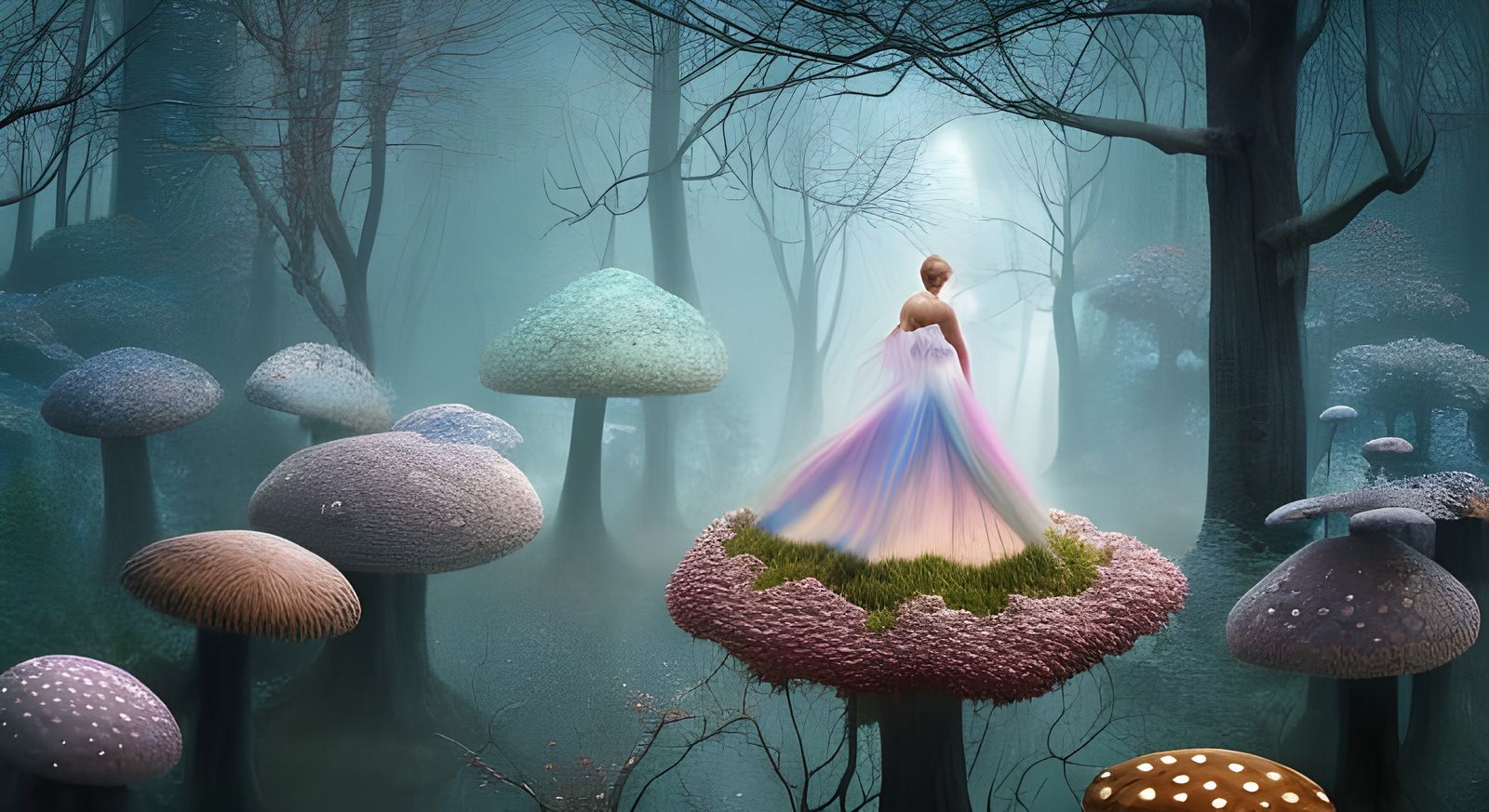 Opalescent Living Forest with Fairy Houses in Anime Style