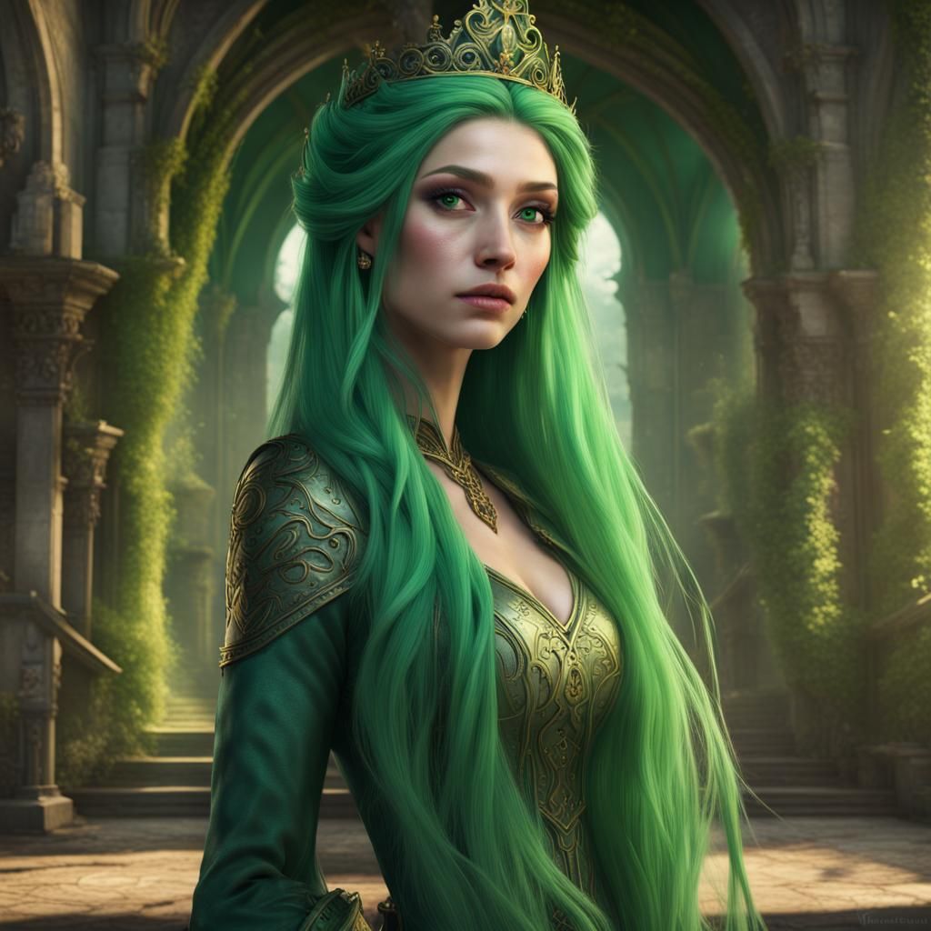 Green-Haired Princess in a Detailed Fantasy Castle