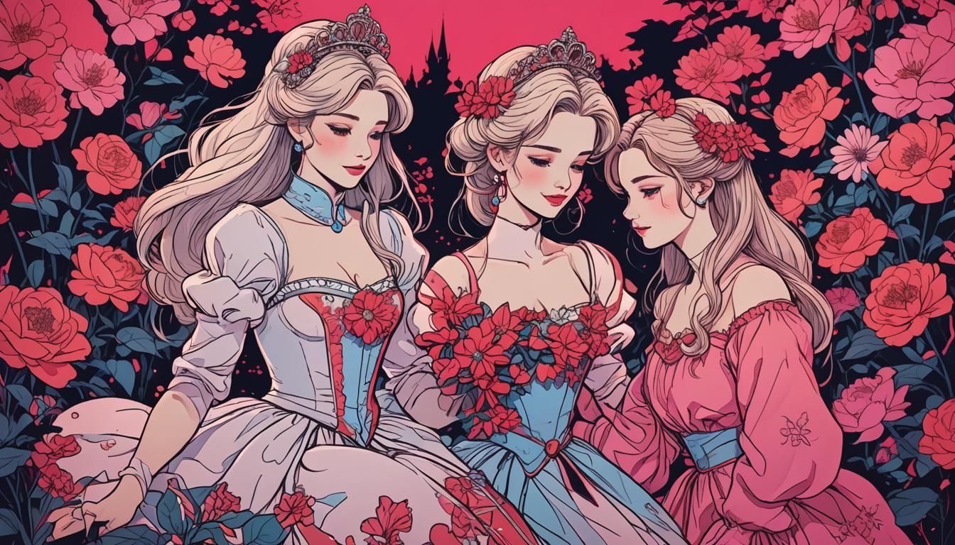 Cinderella Ink Drawing with Flowers in Synthwave Style