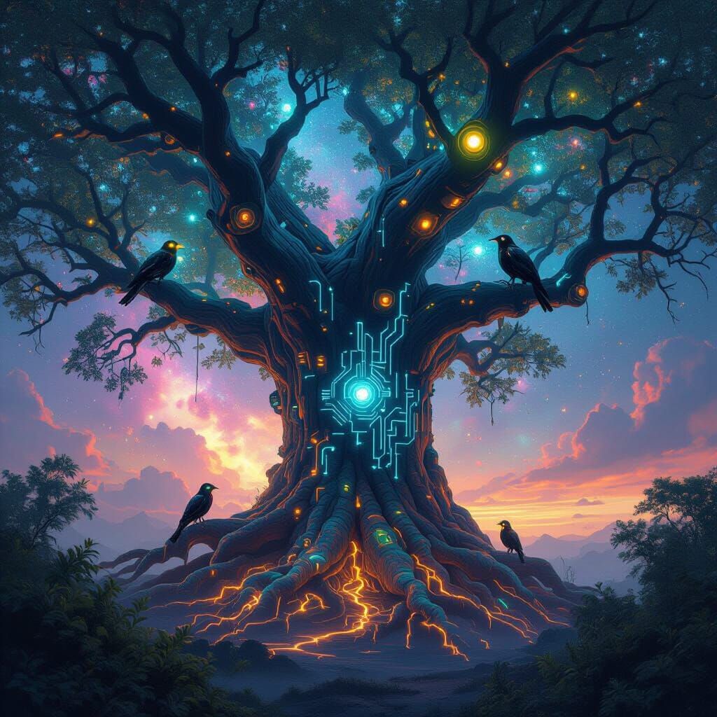 Bioluminescent Tree with Mechanical Birds in Nebula Sky