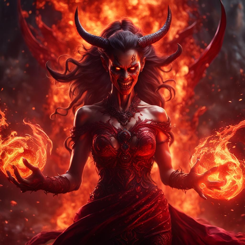 Alluring Demon in Red Dress with Glowing Eyes