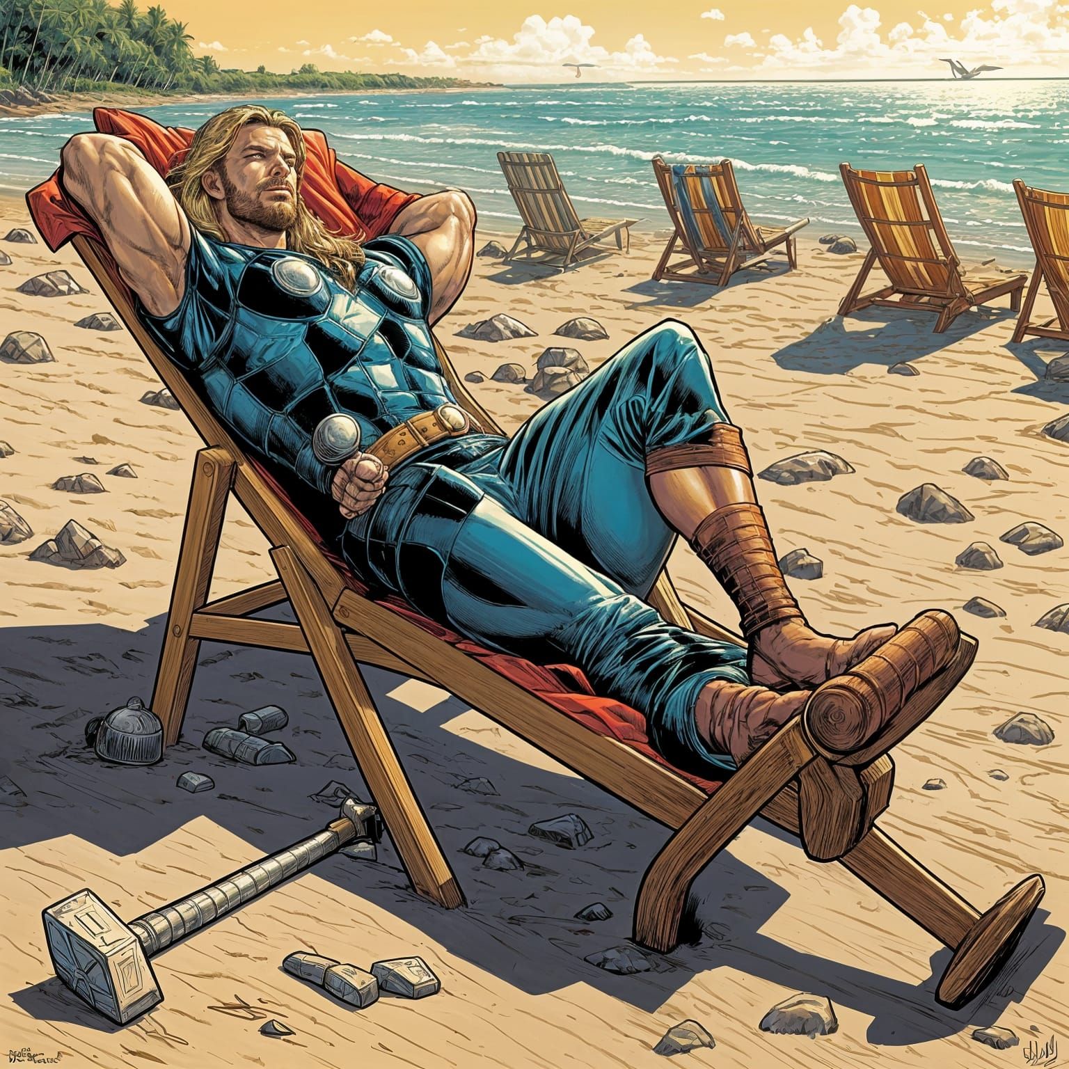 Thor Sunbathing on the Beach: Comic Book Art