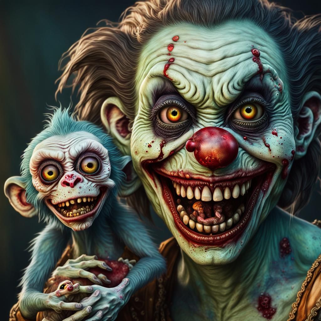 Zombie Clown Woman and Baby: Hyperrealistic Splash Art
