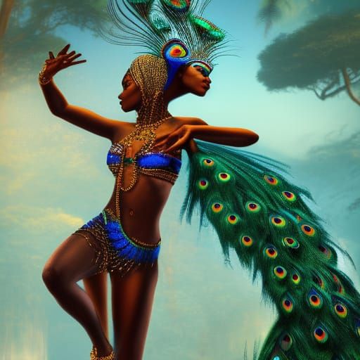 African Woman Dancing with Peacock: Detailed Matte Painting