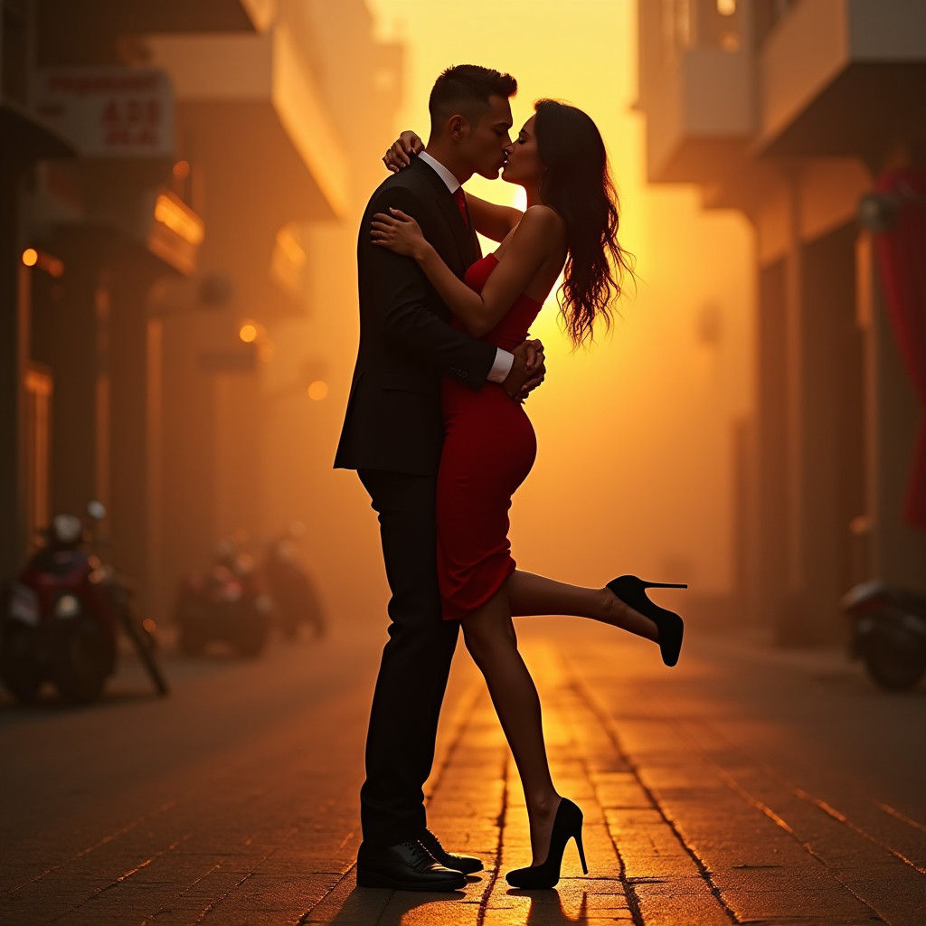 Passionate Kiss: Woman Lifts Man in Golden Hour