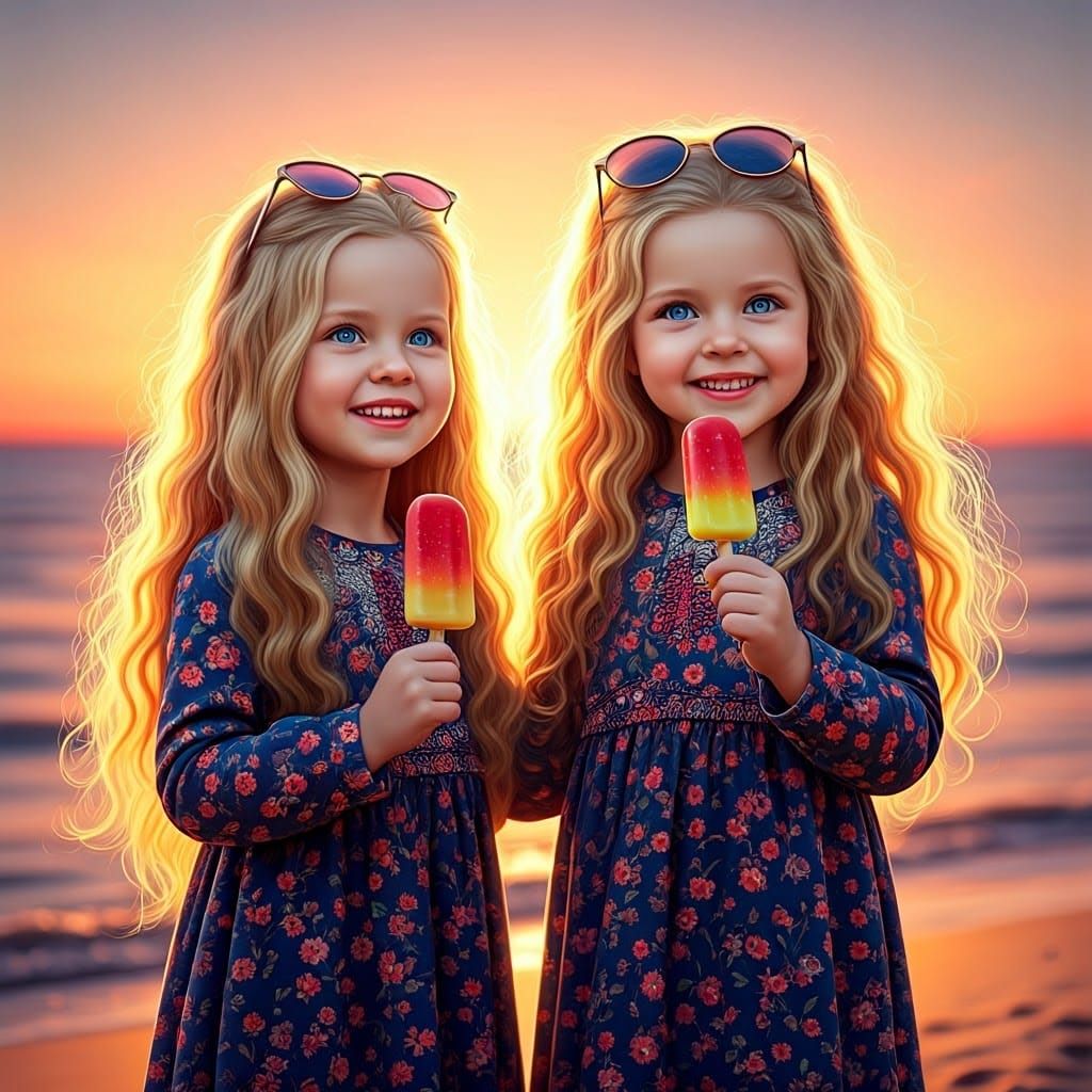 Whimsical Beach Scene with Two Blonde Girls in Floral Dresse...