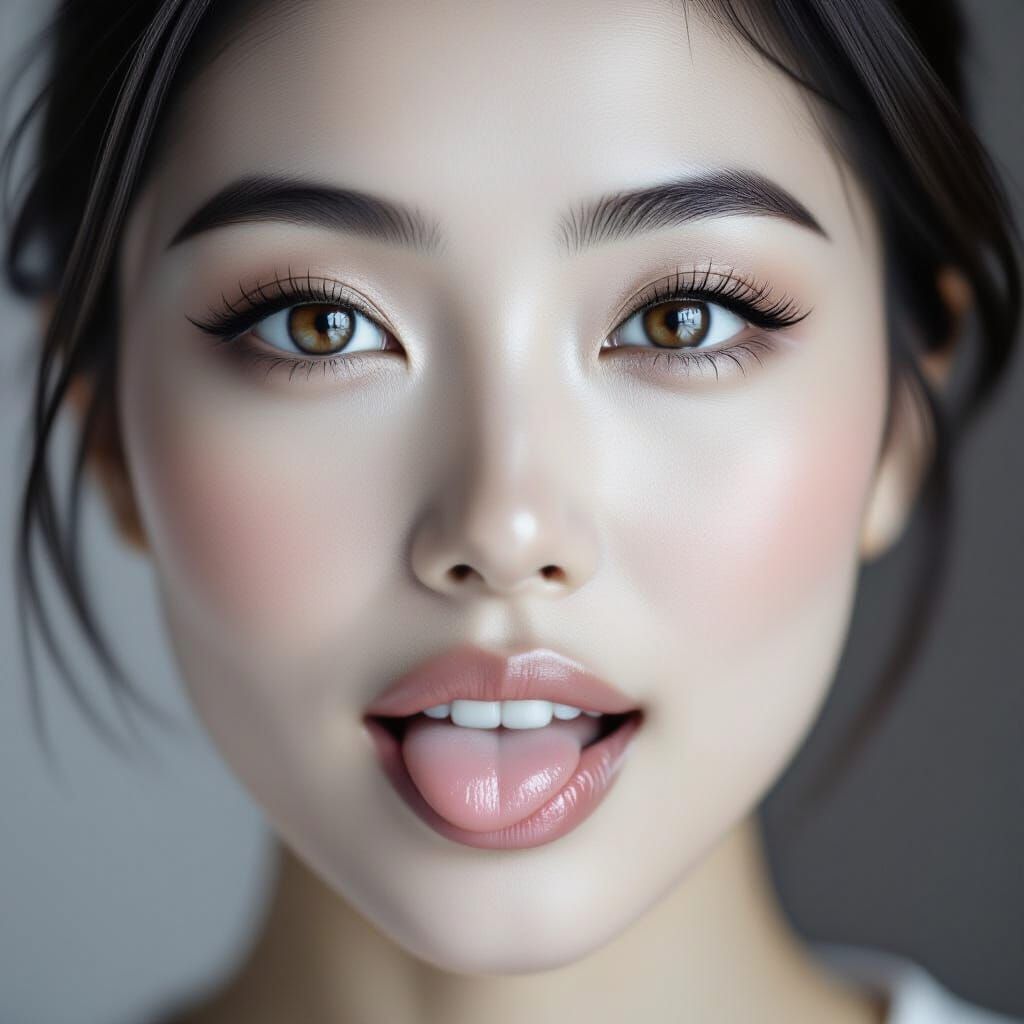 Monochrome Portrait of Playful Asian Woman