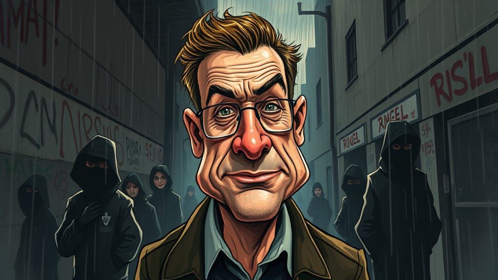 Gritty Cityscape Caricature in Film Noir Style