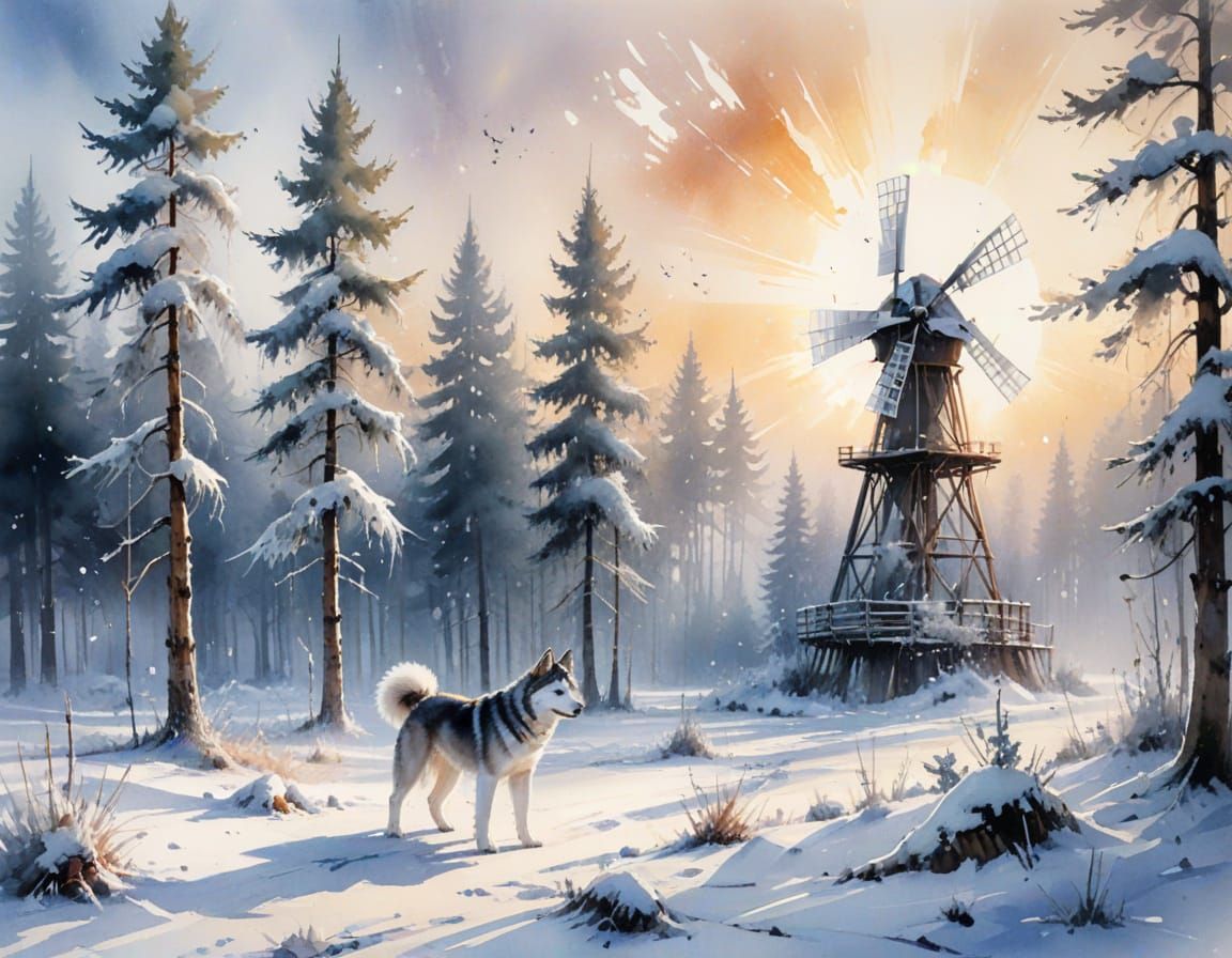 Winter Forest Dawn with Husky and Windmill