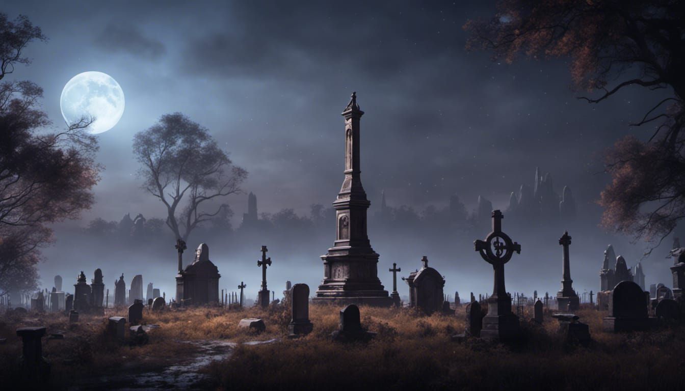 Moonlit Cemetery: Detailed Matte Painting in Fantasy Style