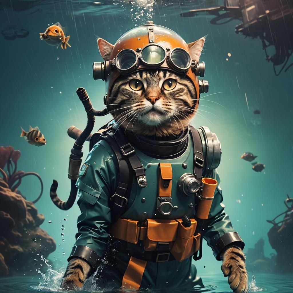 Underwater Cat Diver in Film Noir Style