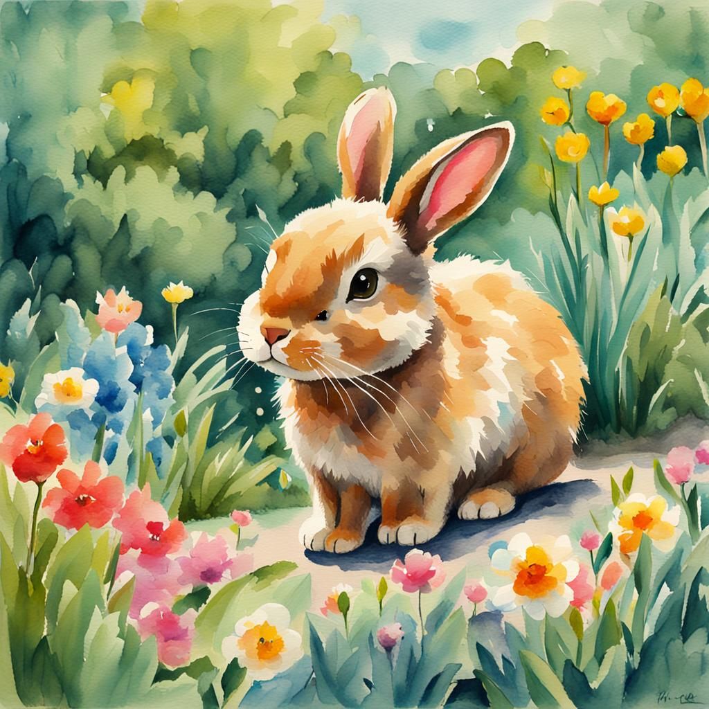 Cute Bunny in Garden, Watercolour Gouache Painting
