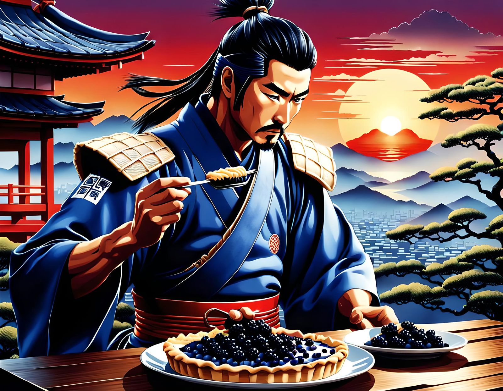 A majestic illustration of Samurai eating delicate blueberry...
