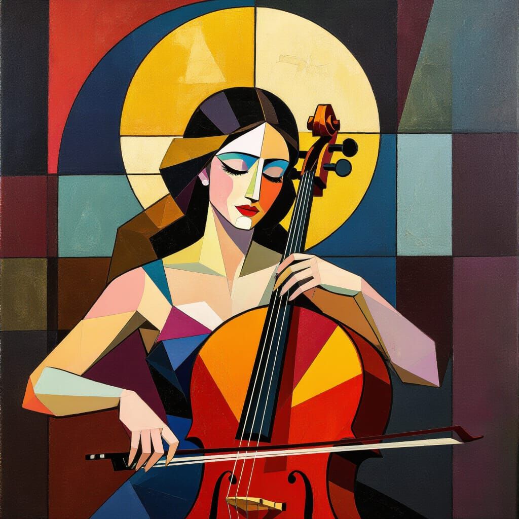 Cubist Portrait of a Cellist in Vibrant Colors