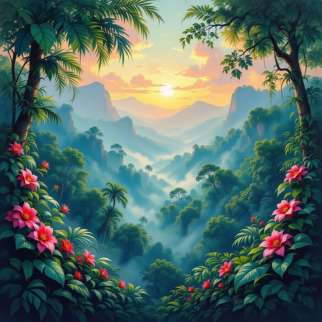 Lush African Jungle in Expressionist Oil Painting Style